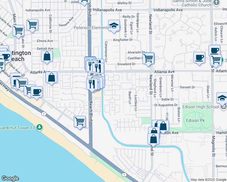 map of restaurants, bars, coffee shops, grocery stores, and more near 21142 Surfwood Lane in Huntington Beach