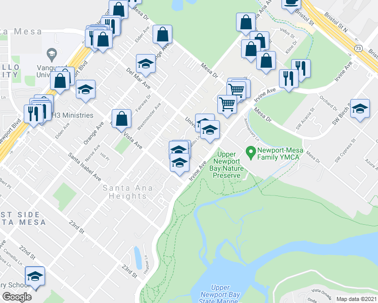 map of restaurants, bars, coffee shops, grocery stores, and more near 2580 Willo Lane in Costa Mesa