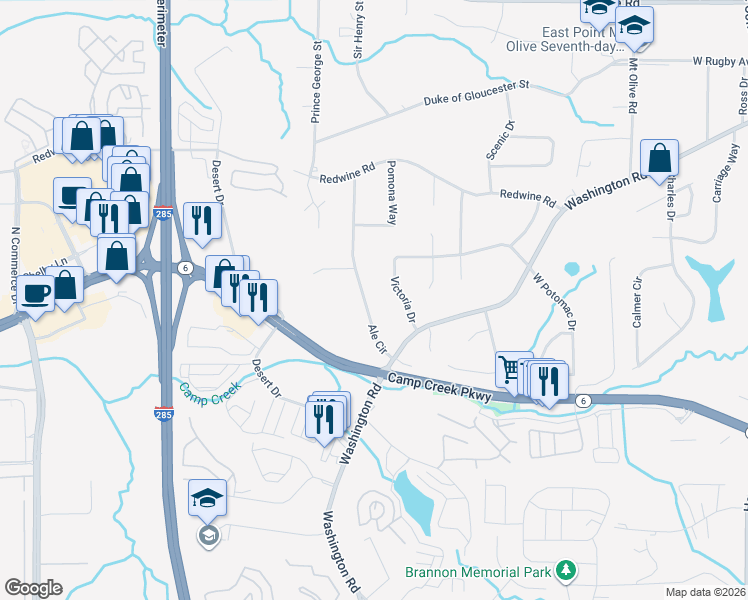 map of restaurants, bars, coffee shops, grocery stores, and more near 3668 Ale Circle in East Point