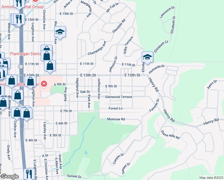 map of restaurants, bars, coffee shops, grocery stores, and more near 815 Kirkwood Avenue in Anniston