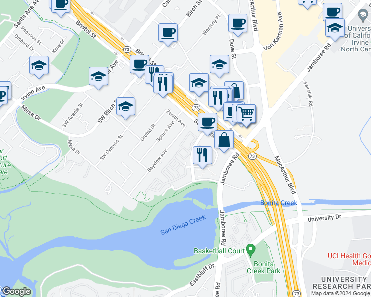 map of restaurants, bars, coffee shops, grocery stores, and more near 88 Baycrest Court in Newport Beach