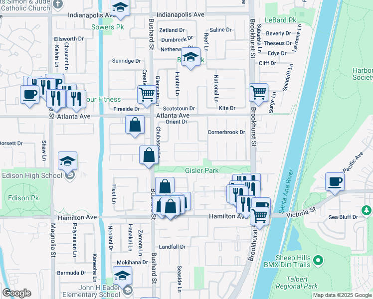 map of restaurants, bars, coffee shops, grocery stores, and more near 9651 Gisler Drive in Huntington Beach
