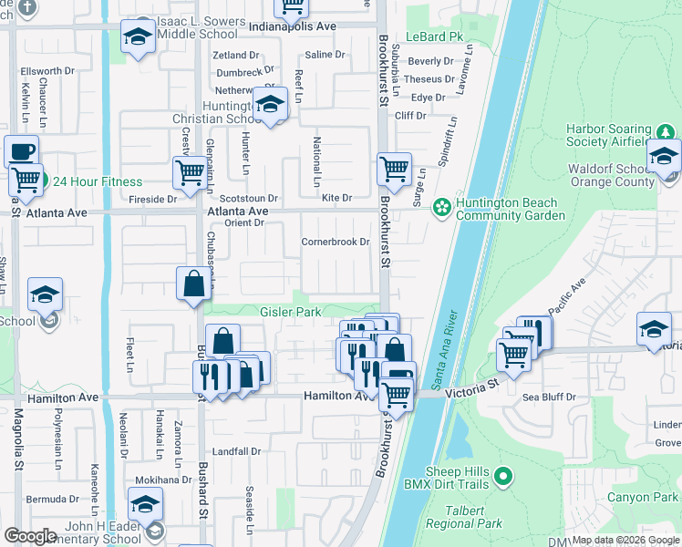 map of restaurants, bars, coffee shops, grocery stores, and more near 21162 Lockhaven Circle in Huntington Beach