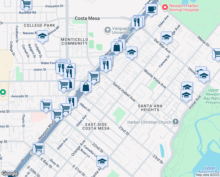 map of restaurants, bars, coffee shops, grocery stores, and more near 151 Georgeanne Place in Costa Mesa