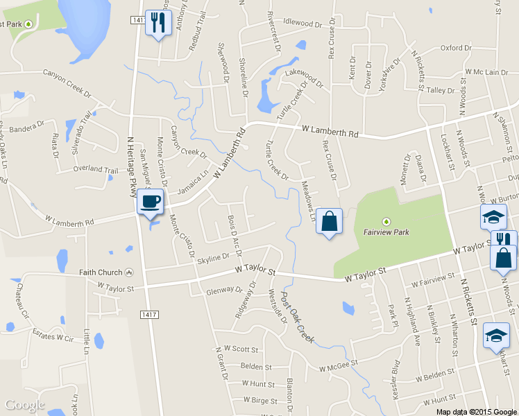 map of restaurants, bars, coffee shops, grocery stores, and more near 1701 River Oak Circle in Sherman