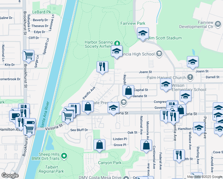 map of restaurants, bars, coffee shops, grocery stores, and more near 2244 Canyon Drive in Costa Mesa