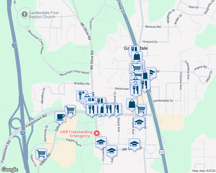 map of restaurants, bars, coffee shops, grocery stores, and more near 424 Westview Road in Gardendale