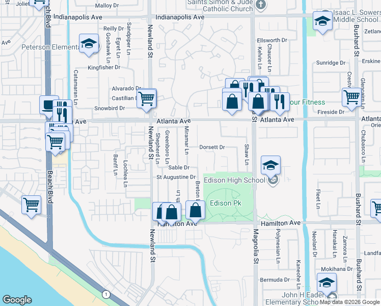 map of restaurants, bars, coffee shops, grocery stores, and more near 8642 Dorsett Drive in Huntington Beach