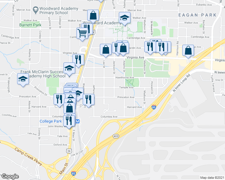 map of restaurants, bars, coffee shops, grocery stores, and more near 1682 Temple Avenue in College Park