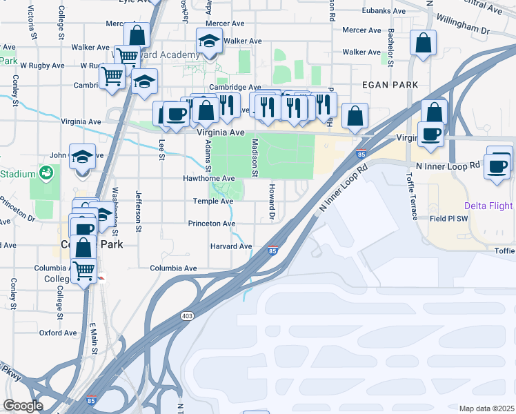map of restaurants, bars, coffee shops, grocery stores, and more near 3647 Madison Street in College Park