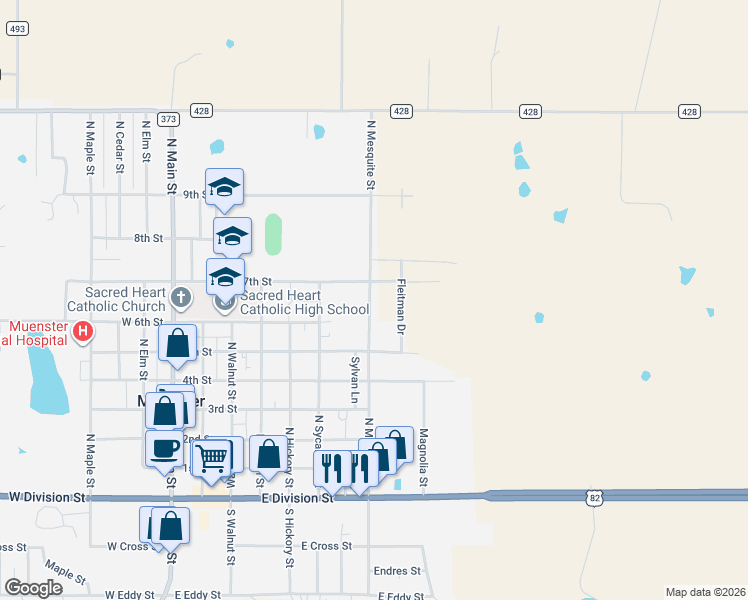 map of restaurants, bars, coffee shops, grocery stores, and more near 808 North Mesquite Street in Muenster