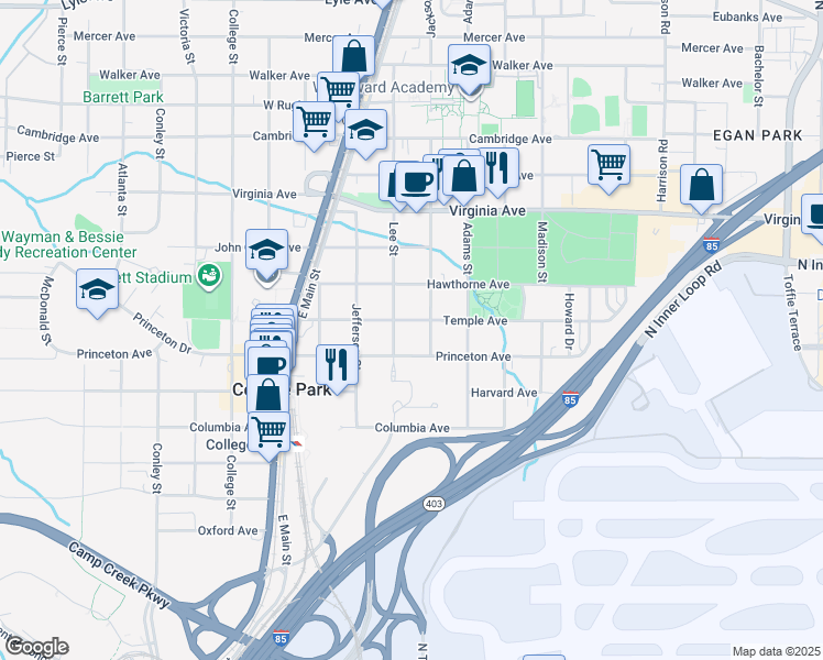 map of restaurants, bars, coffee shops, grocery stores, and more near 1674 Temple Avenue in College Park