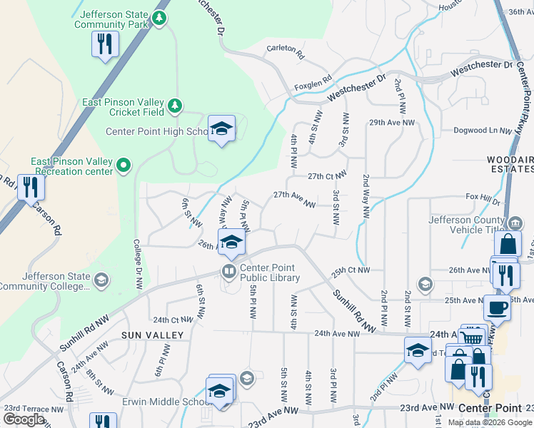 map of restaurants, bars, coffee shops, grocery stores, and more near 2613 5th Street Northwest in Center Point