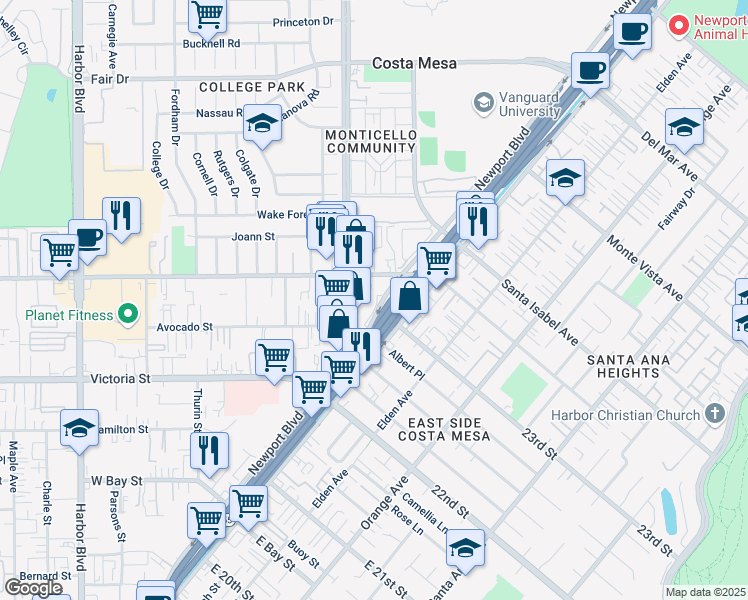 map of restaurants, bars, coffee shops, grocery stores, and more near 2301 Newport Boulevard in Costa Mesa