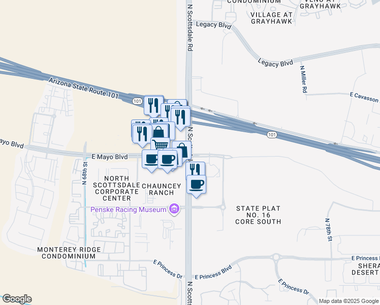 map of restaurants, bars, coffee shops, grocery stores, and more near 18575 North Scottsdale Road in Scottsdale