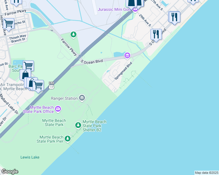map of restaurants, bars, coffee shops, grocery stores, and more near 3216 Davis Street in Myrtle Beach