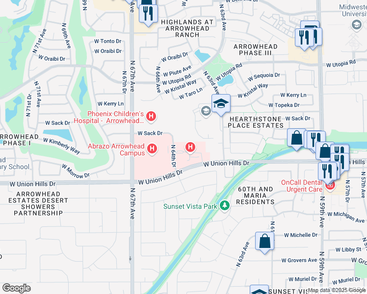 map of restaurants, bars, coffee shops, grocery stores, and more near 6320 West Union Hills Drive in Glendale