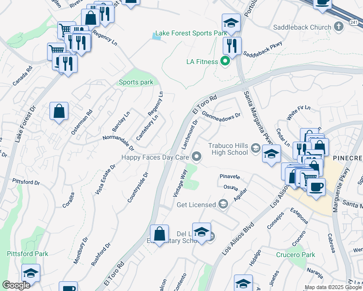 map of restaurants, bars, coffee shops, grocery stores, and more near 21155 Larchmont Drive in Lake Forest