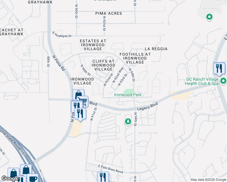 map of restaurants, bars, coffee shops, grocery stores, and more near 9279 East Rockwood Drive in Scottsdale