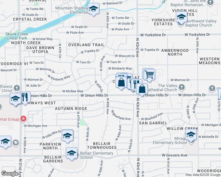 map of restaurants, bars, coffee shops, grocery stores, and more near 18622 North 45th Avenue in Glendale