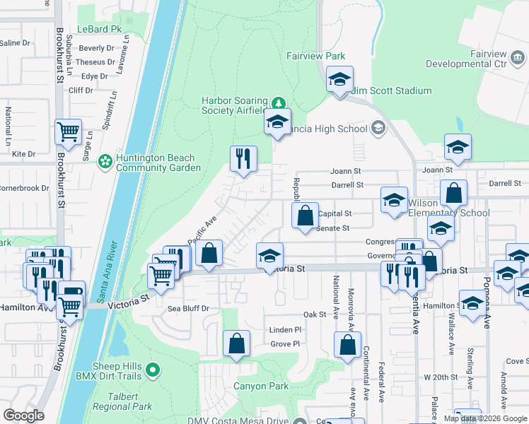 map of restaurants, bars, coffee shops, grocery stores, and more near 2233 Canyon Drive in Costa Mesa