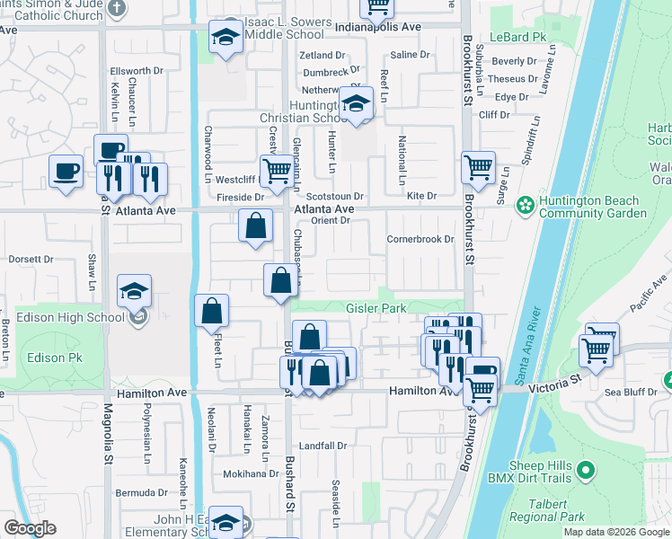 map of restaurants, bars, coffee shops, grocery stores, and more near 21122 Red Jacket Circle in Huntington Beach