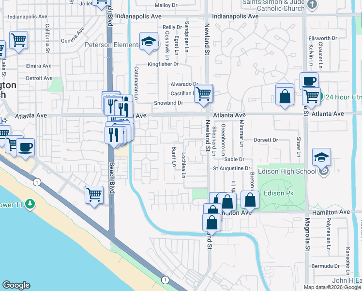 map of restaurants, bars, coffee shops, grocery stores, and more near 21142 Banff Lane in Huntington Beach