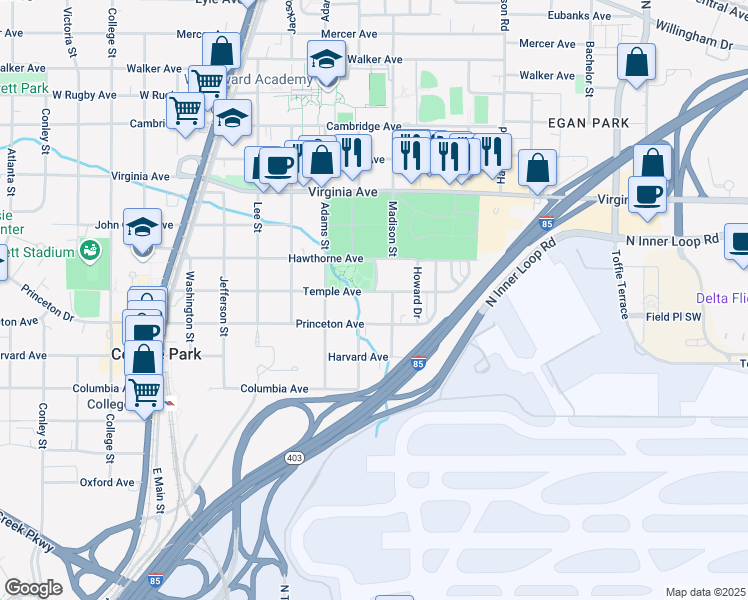 map of restaurants, bars, coffee shops, grocery stores, and more near 1560 Temple Avenue in College Park