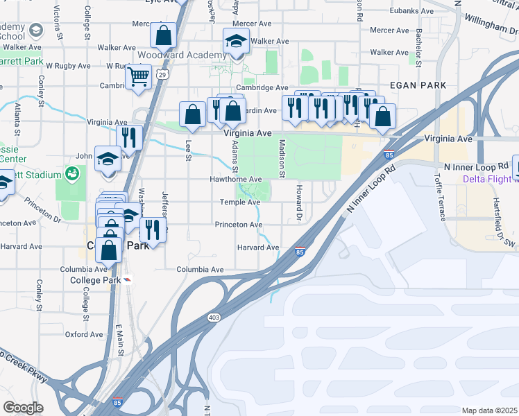 map of restaurants, bars, coffee shops, grocery stores, and more near 1576 Temple Avenue in College Park