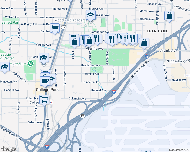 map of restaurants, bars, coffee shops, grocery stores, and more near 1600 Temple Avenue in College Park
