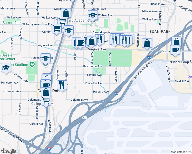 map of restaurants, bars, coffee shops, grocery stores, and more near 1604 Temple Avenue in College Park