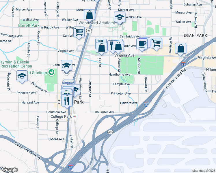 map of restaurants, bars, coffee shops, grocery stores, and more near 1682 Temple Avenue in College Park