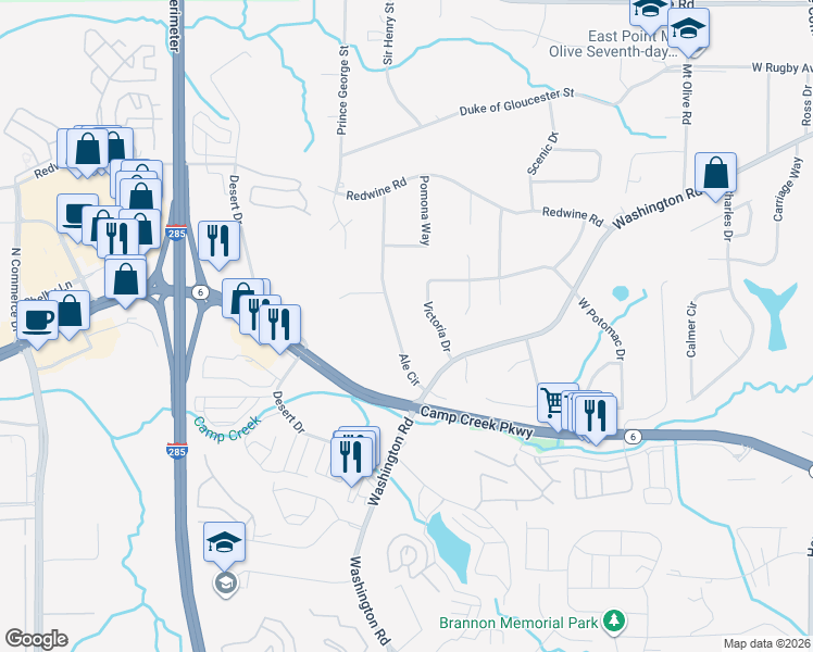 map of restaurants, bars, coffee shops, grocery stores, and more near 3668 Ale Circle in East Point