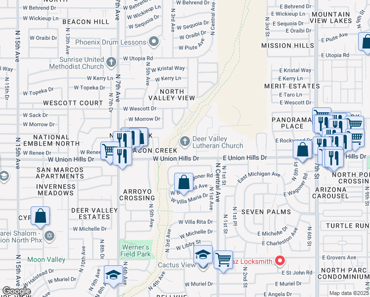 map of restaurants, bars, coffee shops, grocery stores, and more near 220 West Union Hills Drive in Phoenix