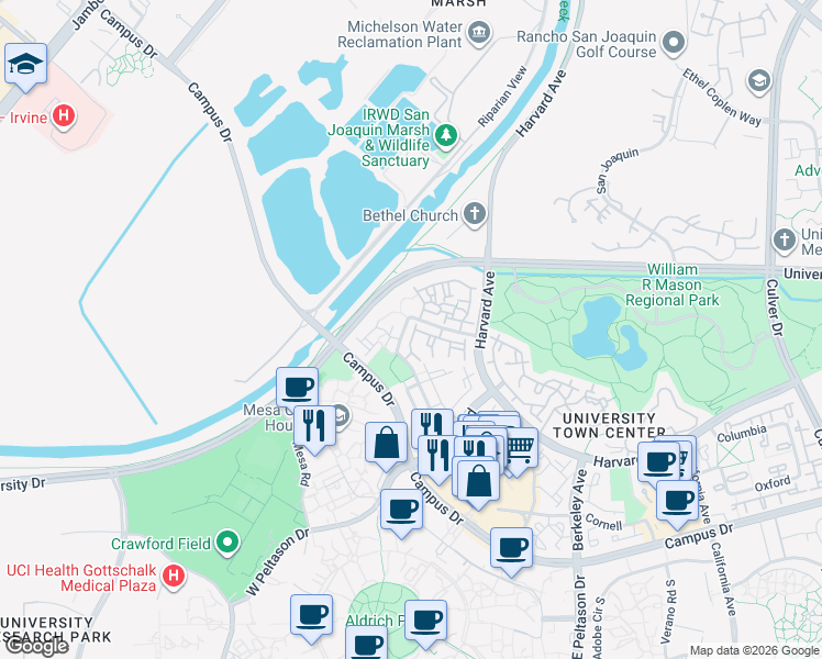 map of restaurants, bars, coffee shops, grocery stores, and more near 164 Stanford in Irvine