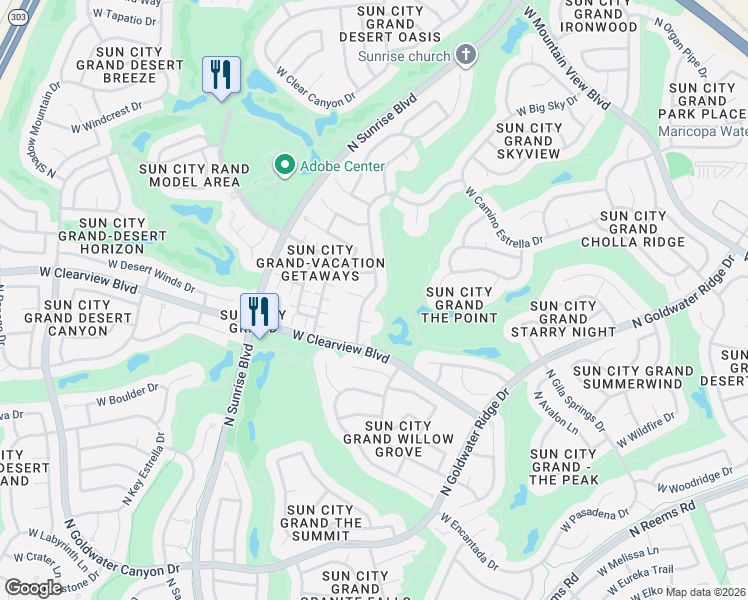 map of restaurants, bars, coffee shops, grocery stores, and more near 19531 North Rim Drive in Surprise