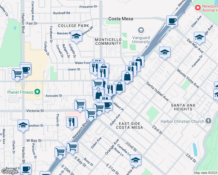 map of restaurants, bars, coffee shops, grocery stores, and more near 2301 Newport Boulevard in Costa Mesa