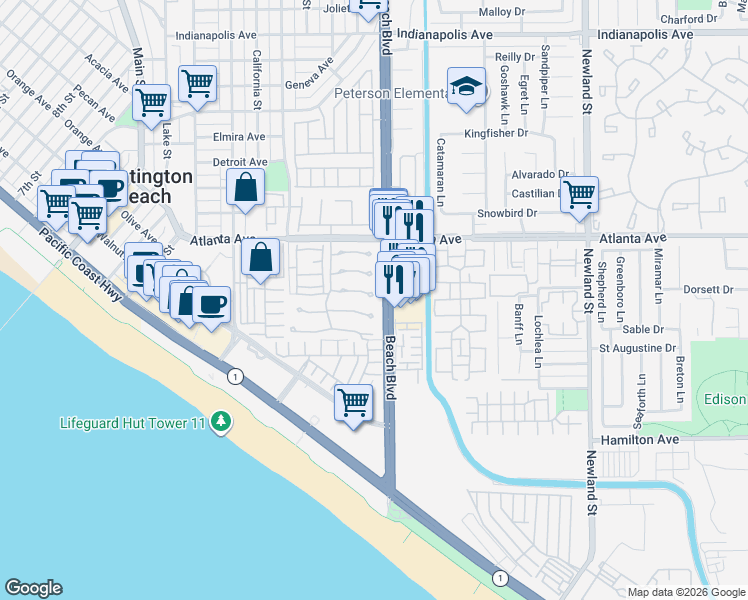 map of restaurants, bars, coffee shops, grocery stores, and more near 7962 Southwind Circle in Huntington Beach