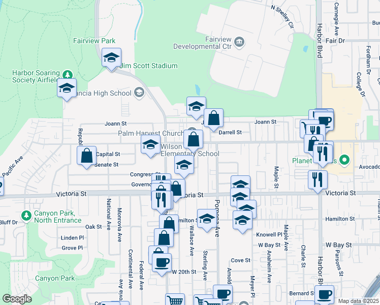 map of restaurants, bars, coffee shops, grocery stores, and more near 2232 Wallace Avenue in Costa Mesa