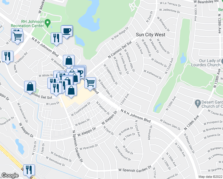 map of restaurants, bars, coffee shops, grocery stores, and more near 18819 North 134th Avenue in Sun City West