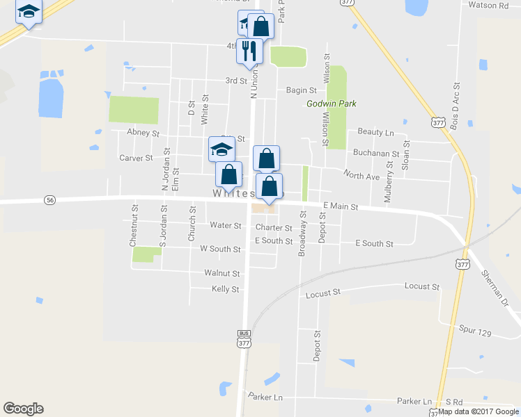map of restaurants, bars, coffee shops, grocery stores, and more near 116 E Main St in Whitesboro