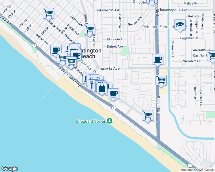map of restaurants, bars, coffee shops, grocery stores, and more near 21050 Pacific City Circle in Huntington Beach