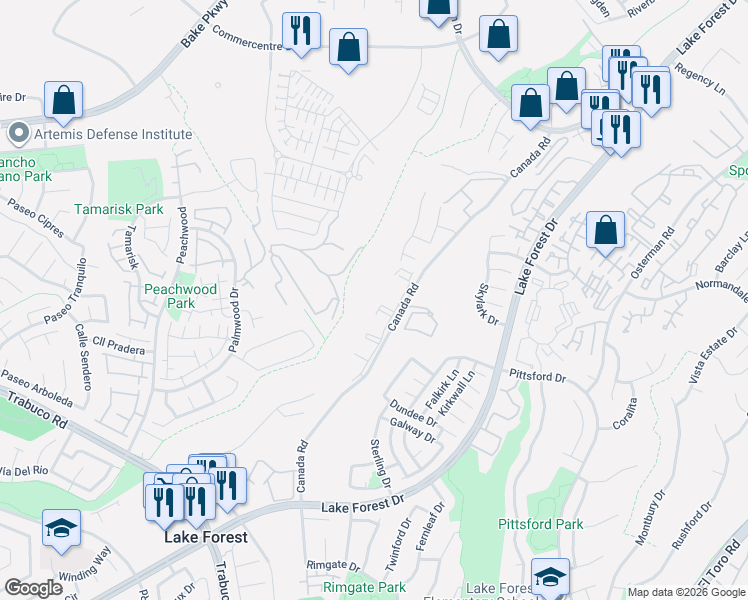 map of restaurants, bars, coffee shops, grocery stores, and more near 21141 Canada Road in Lake Forest