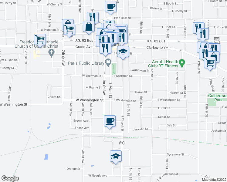 map of restaurants, bars, coffee shops, grocery stores, and more near 621 South Main Street in Paris