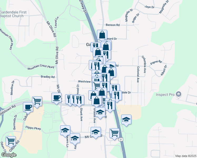 map of restaurants, bars, coffee shops, grocery stores, and more near 1080 Main Street in Gardendale