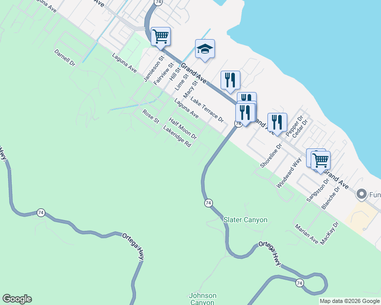 map of restaurants, bars, coffee shops, grocery stores, and more near 15731 Lakeridge Road in Lake Elsinore