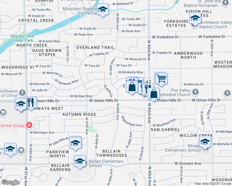 map of restaurants, bars, coffee shops, grocery stores, and more near 18622 North 45th Avenue in Glendale