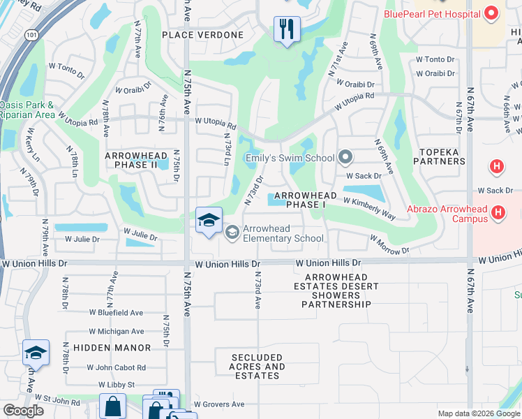 map of restaurants, bars, coffee shops, grocery stores, and more near 7240 West Kimberly Way in Glendale