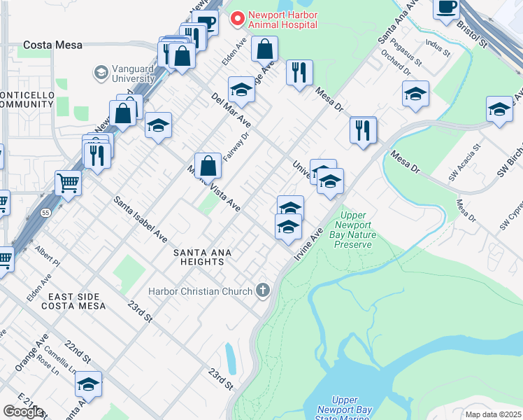 map of restaurants, bars, coffee shops, grocery stores, and more near 306 Monte Vista Avenue in Costa Mesa