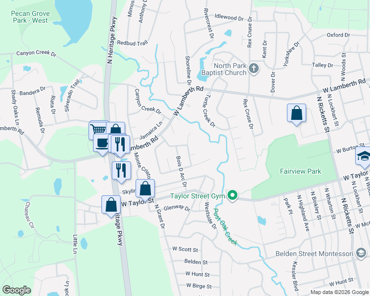 map of restaurants, bars, coffee shops, grocery stores, and more near 1720 Alpine Drive in Sherman